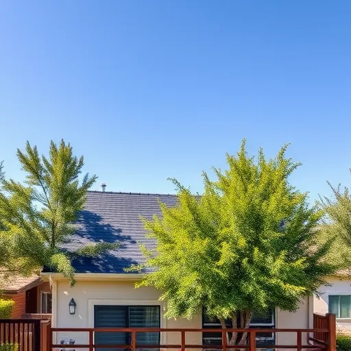 Completed roofing project in Parklawn CA with dark shingles, beige facade, and lush green trees under a clear blue sky.