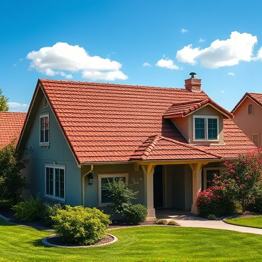 Completed roofing project in Denair CA featuring vibrant shingles on a charming home with a lush yard and clear sky.
