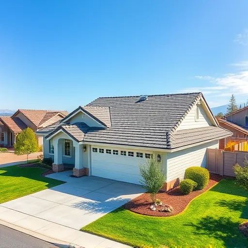 Freshly replaced asphalt shingle roof on a modern home in Keyes CA with lush landscaping and clear blue sky