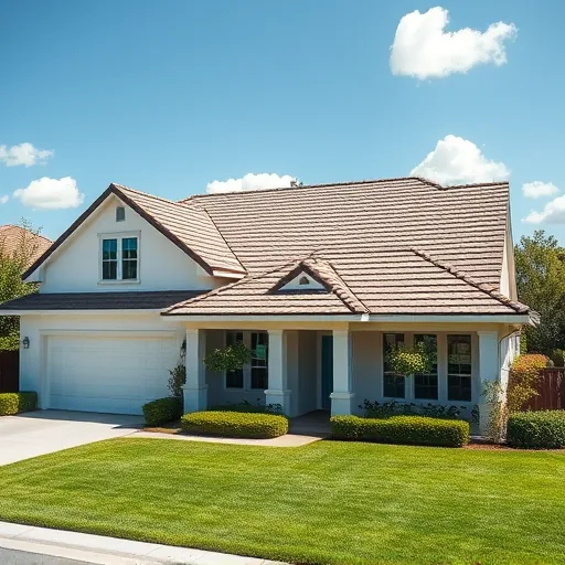 Completed roofing project in Vernalis CA featuring a modern home with elegant shingles and lush landscaping under a blue sky