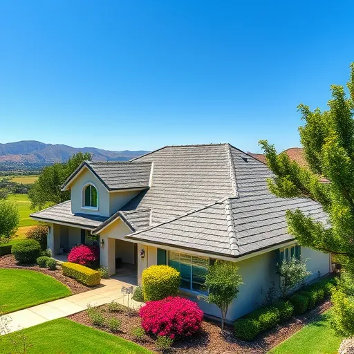 Completed asphalt shingle roofing on a modern home in Riverbank CA, surrounded by lush landscaping and serene hills.