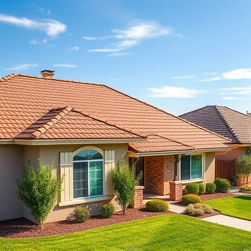 Completed roof replacement in French Camp CA with warm asphalt shingles on a tidy suburban home under clear blue sky