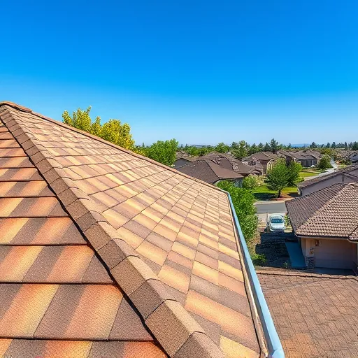 Recently completed roof replacement in Ripon CA with modern shingles, lush trees, and sunny suburban backdrop