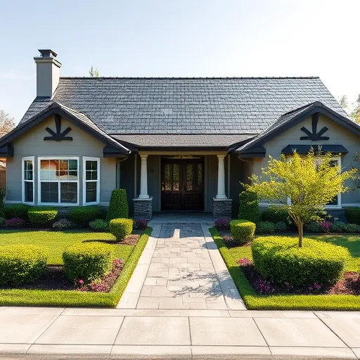 Completed roofing project in Crows Landing CA showcasing a modern home with a glistening slate roof and lush landscaping.