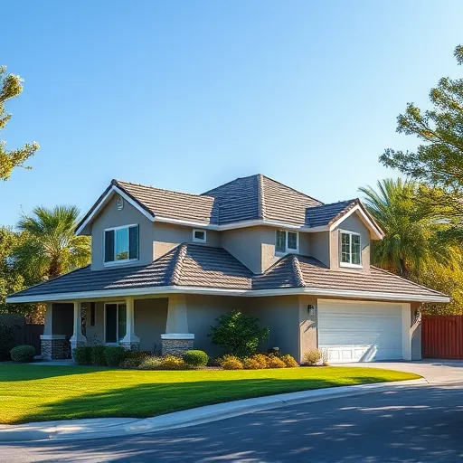 Newly replaced stylish residential roof in Parklawn California with textured shingles, clean flashing, lush greenery, and clear sky