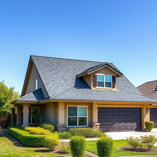 Completed roofing project in Newman CA featuring dark charcoal shingles on a modern home surrounded by green landscaping.