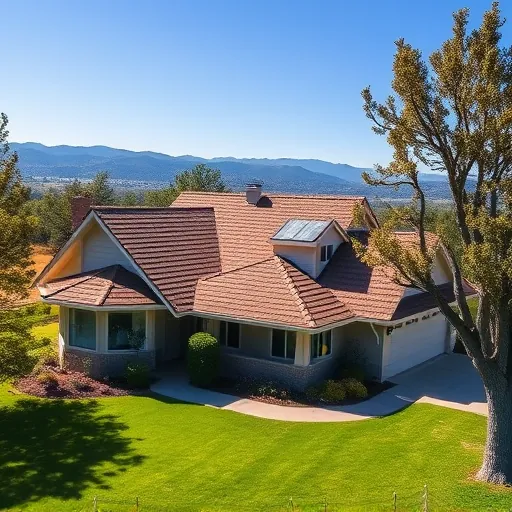 Residential home in Bret Harte California with a new asphalt shingle roof, lush yard, mountains, and clear sky