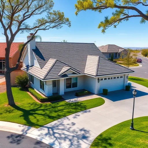 New asphalt shingle roof on a modern suburban home in Ballico California with lush yard and neighborhood background