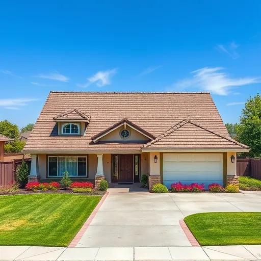 Newly installed roof in West Modesto with gleaming shingles, lush greenery, and a polished landscape inviting roofing customers.