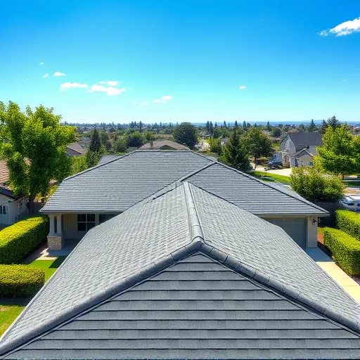 Newly completed modern asphalt shingle roof in Salida CA with vibrant color, lush landscaping, clear sky, and suburban neighborhood
