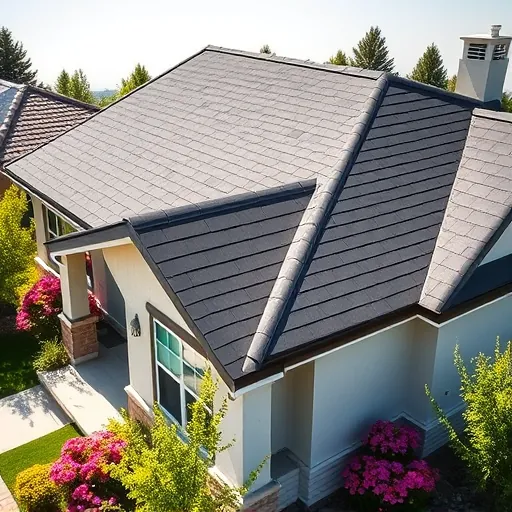 Completed roofing project in Lathrop CA featuring sleek charcoal asphalt shingles and vibrant landscaping.