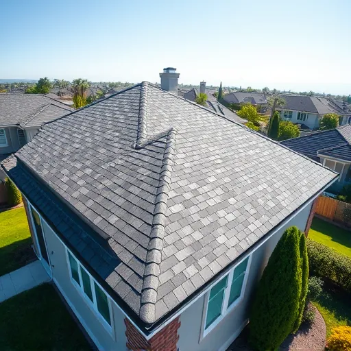Completed roofing installation in Parklawn CA features intricate grey and black shingles, lush landscape, and clear blue sky.