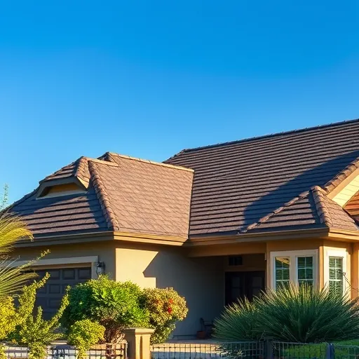 Completed roofing project in Lathrop CA with stylish shingles and elegant trim under a clear blue sky and lush landscaping.