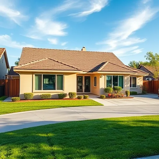 Freshly completed roof replacement with durable shingles on a modern home in Keyes California featuring landscaped yard and clear sky