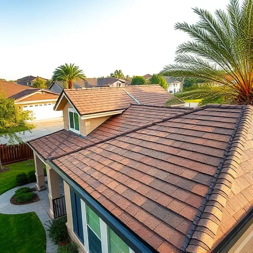 Recently replaced modern asphalt shingle roof in West Modesto CA with pristine, aligned shingles, lush yard, and neighborhood background
