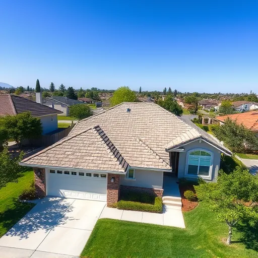 Completed neutral-shingle roof on a Livingston CA home in a scenic suburban neighborhood with lush lawns and trees