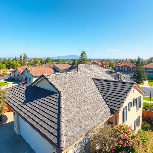 Completed roofing project in Manteca, CA, showcasing detailed shingles, pristine neighborhood, clear blue sky, and flourishing trees.