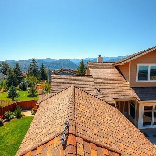 Freshly replaced asphalt shingle roof on modern home in Sonora CA with scenic Sierra Nevada mountains and lush landscaping