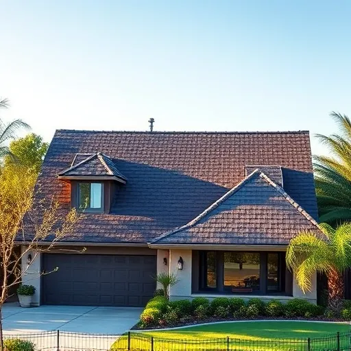 Completed roofing project in Livingston CA with sleek asphalt shingles, lush gardens, and clear blue sky backdrop.
