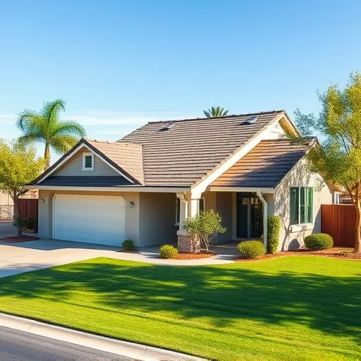 Freshly completed roof replacement on a modern suburban home in Hilmar-Irwin CA with asphalt shingles and lush landscaping.