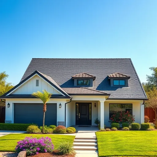 Completed roofing project in Parklawn CA features modern home with dark shingles, light walls, and vibrant landscaping.