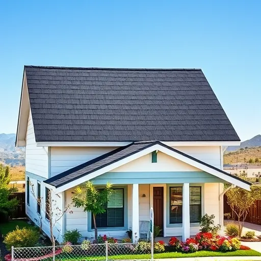 Completed roofing project in Empire CA featuring dark grey shingles, bright flashing, and a charming home with vibrant landscaping.