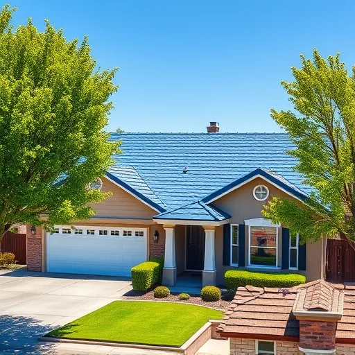 Completed asphalt shingle roof in Hilmar-Irwin CA, vibrant blue on a charming suburban house with landscaping.