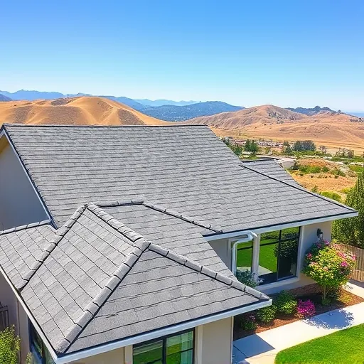Finished asphalt shingle roof on modern house in Shackelford CA with lush yard and scenic mountain backdrop