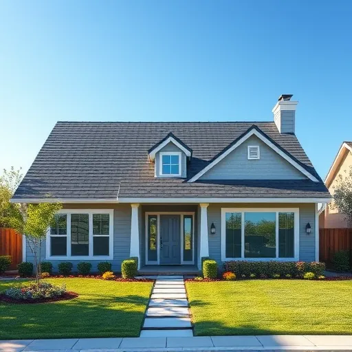 Recently completed dark slate roof on modern home in Parklawn CA with lush landscaping and clear blue sky