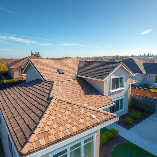 Recently replaced asphalt shingle roof on modern Tracy CA home with clean lines, lush yard, blue sky, and neighborhood backdrop