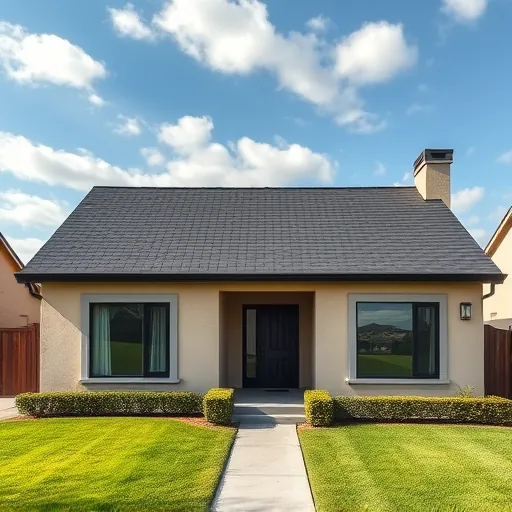 Completed roofing project in Newman CA features modern home with dark shingles, beige walls, and lush green landscaping.