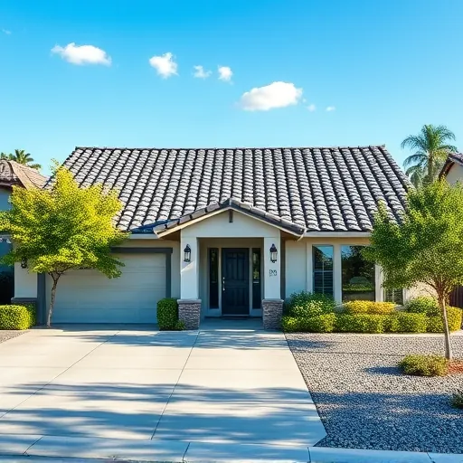 Completed roofing project in Patterson CA features sleek gray tiles, modern home, lush greenery, and clear blue sky.