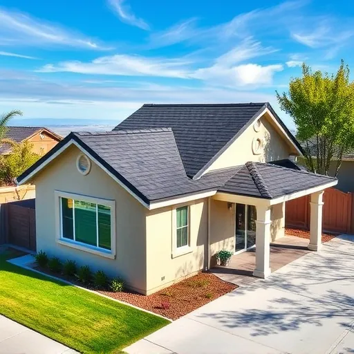 Recently replaced dark asphalt shingle roof on a modern house in Hilmar-Irwin California with landscaped yard and clear blue sky