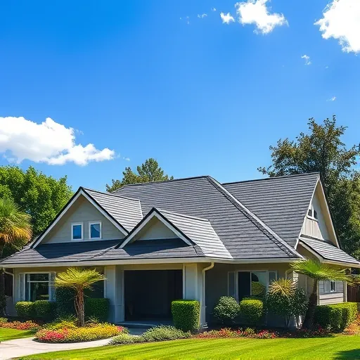 Completed modern asphalt shingle roof in Bret Harte, CA surrounded by vibrant greenery and a clear blue sky.