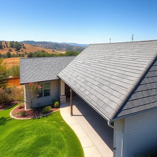Freshly completed roof replacement on a modern house in La Grange CA, highlighting sleek shingles, landscaping, and clear skies.