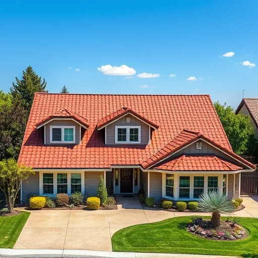 Completed roofing project with vibrant shingles under a clear blue sky, surrounded by manicured lawns and flowerbeds.