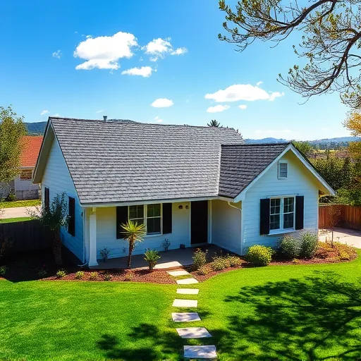 Completed roofing project in Empire CA with dark gray asphalt shingles, bright yard, and charming white house.