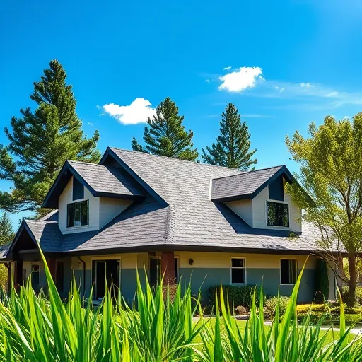 Completed roofing project in Crows Landing CA featuring slate finish, lush grass, trees, and a clear blue sky.
