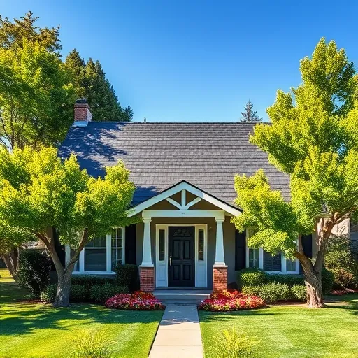 Completed roofing installation in La Grange CA featuring dark asphalt shingles, lush greenery, and a bright sky.