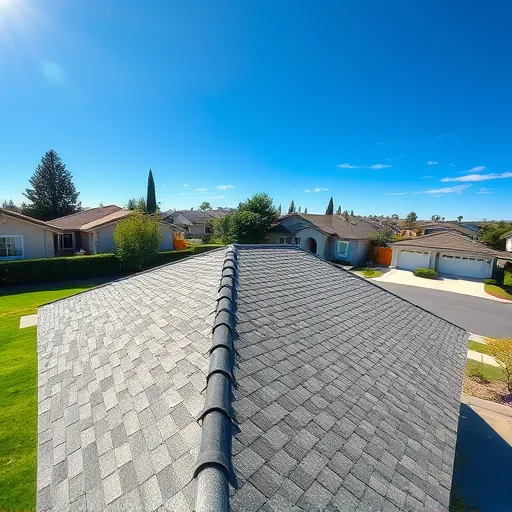 Newly replaced high-quality asphalt shingle roof in Waterford CA with detailed textures, lush yard, and clear blue sky
