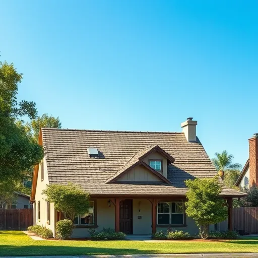 Newly replaced roof on a home in Shackelford CA, surrounded by lush trees and a clear blue sky, highlighting quality craftsmanship.