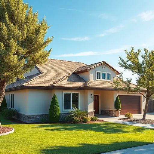 Freshly completed modern roof with durable earthy shingles, neat gutters, lush green yard in Ceres California