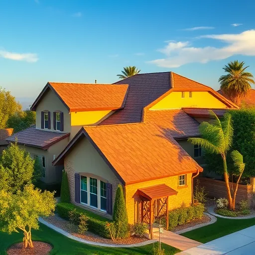Freshly installed roof with high-quality earthy shingles in Ripon CA surrounded by lush greenery and blue sky.