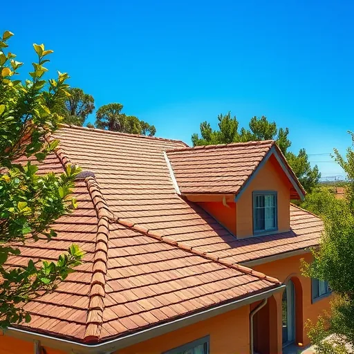 Completed roofing project in Bystrom CA featuring vibrant shingles, clear sky, lush landscaping, and warm-toned exterior.