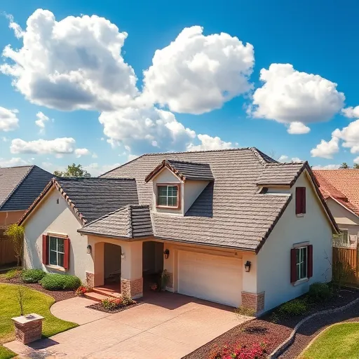 Completed roofing project in West Modesto, CA featuring dark shingles, light walls, lush landscape, and sunny skies.