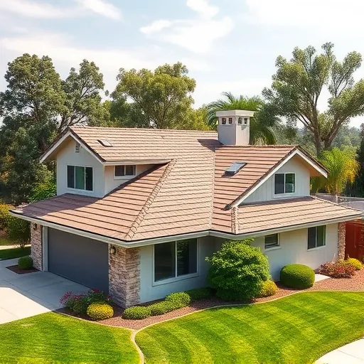 Freshly completed modern home roof in Riverbank CA with durable asphalt shingles, lush lawn and mature trees in bright sunlight