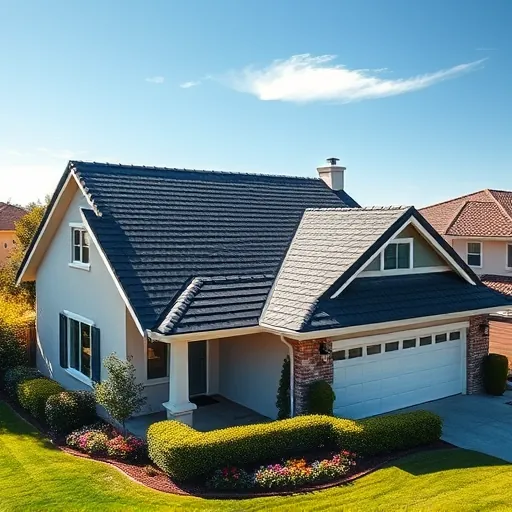 Completed roofing project in Newman CA features stylish home, charcoal shingles, green lawns, and colorful flower beds.