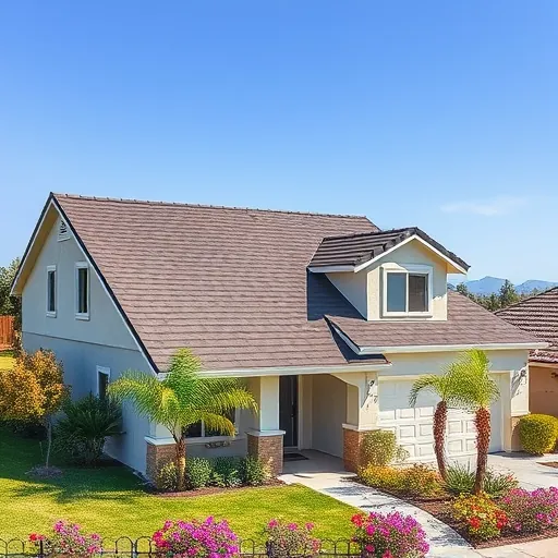 Completed roofing project in Modesto CA featuring dark shingles, light exterior, garden, and clear blue skies.