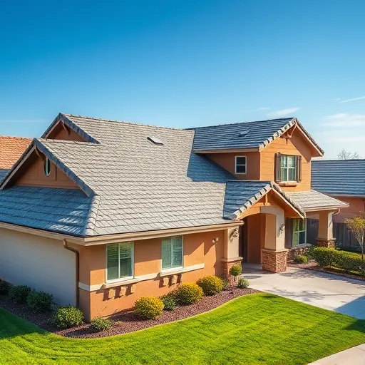 Close-up of a recently replaced gray asphalt shingle roof on a modern home in Turlock CA with landscaped yard and clear sky.