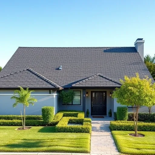 Completed modern home in Tracy CA featuring dark gray asphalt shingle roof, vibrant landscaping, and clear blue sky.
